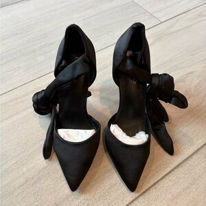 Bebe Satin Stiletto Ankle Wrap Pointed Toe Pump Heels